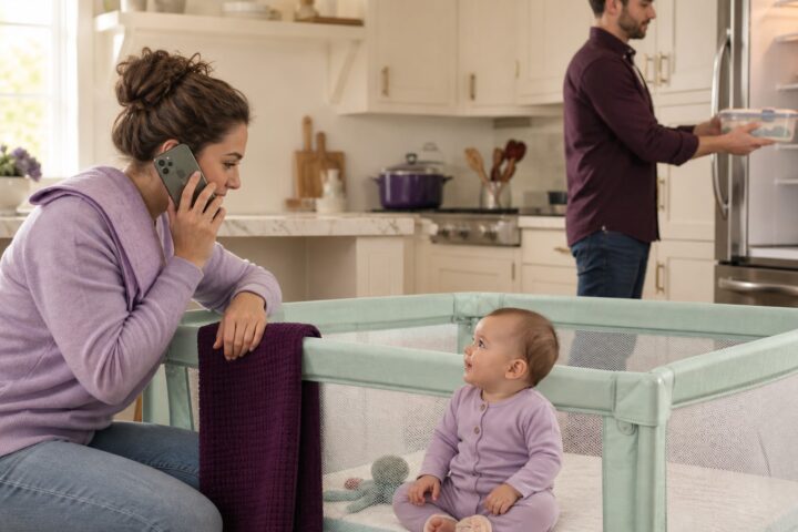 A caregiver watches a baby in a mint play yard while another places a closed food container in the refrigerator.