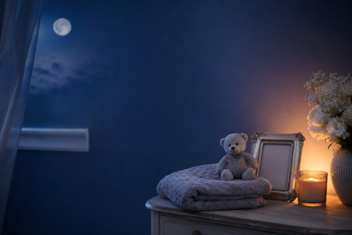 A candle, teddy bear, and folded blanket on a bedside table at night