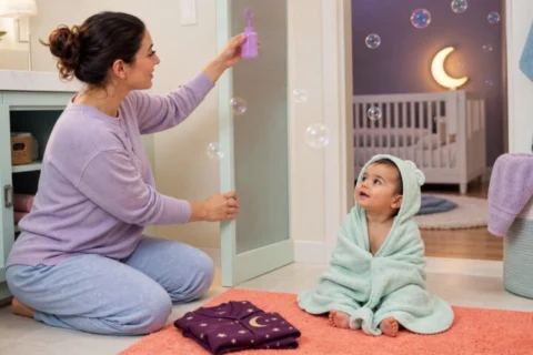 Parent holding an unbranded bubble bottle high out of reach while a towel-wrapped baby sits safely on a coral bath mat