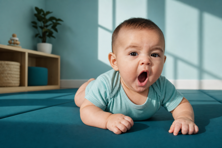 Yawning baby lifts their head during tummy time on a teal floor mat
