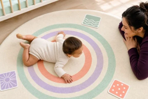 Awake baby pivoting on their tummy across a circular pastel play mat while caregiver watches nearby
