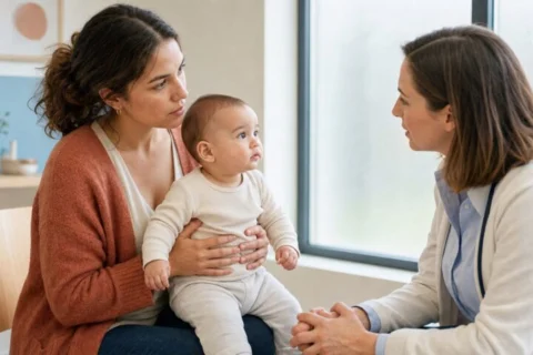 Mother holding her alert baby while speaking with a pediatrician in a bright consultation room.