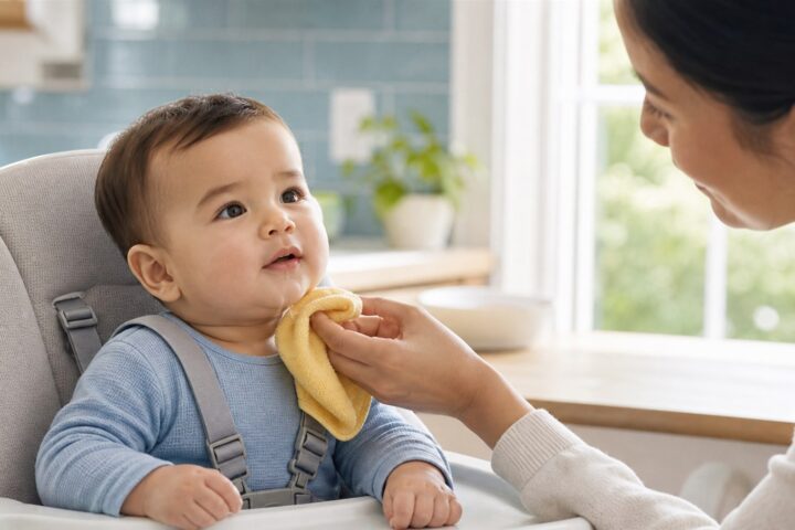 Mother wiping a thin strand of drool from her alert baby seated securely in a high chair.