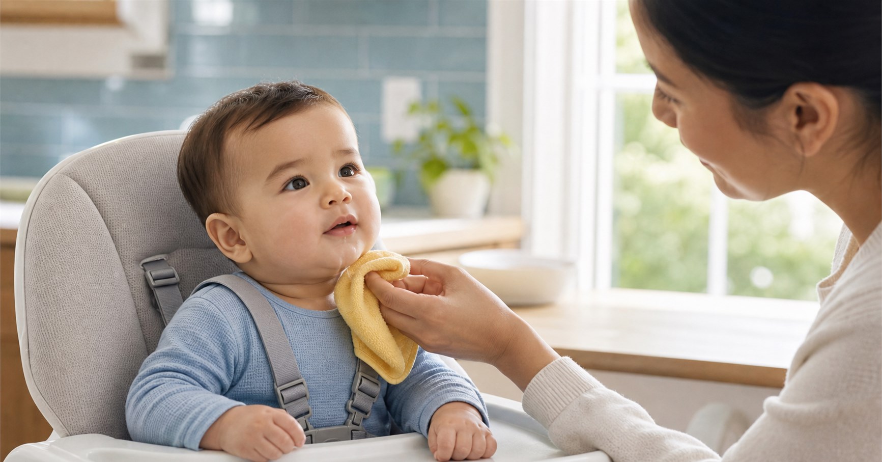 Mother wiping a thin strand of drool from her alert baby seated securely in a high chair.