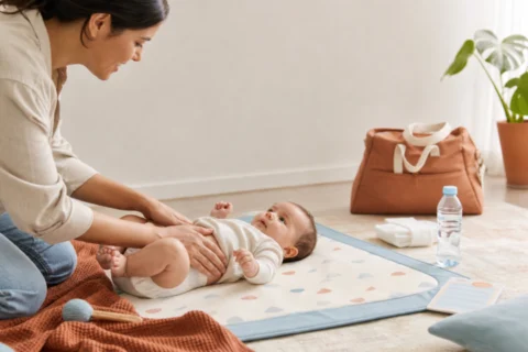 Caregiver rubbing a baby's tummy on a soft play mat beside water and a diaper bag