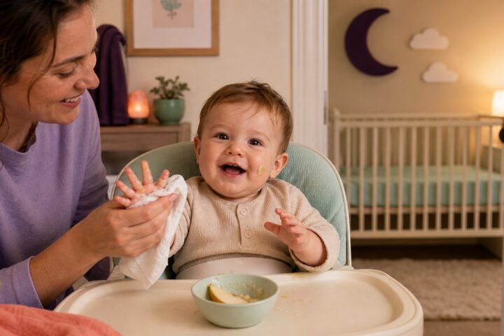 A smiling parent wipes sticky pear from the hand of a cheerful baby before the bedtime routine.