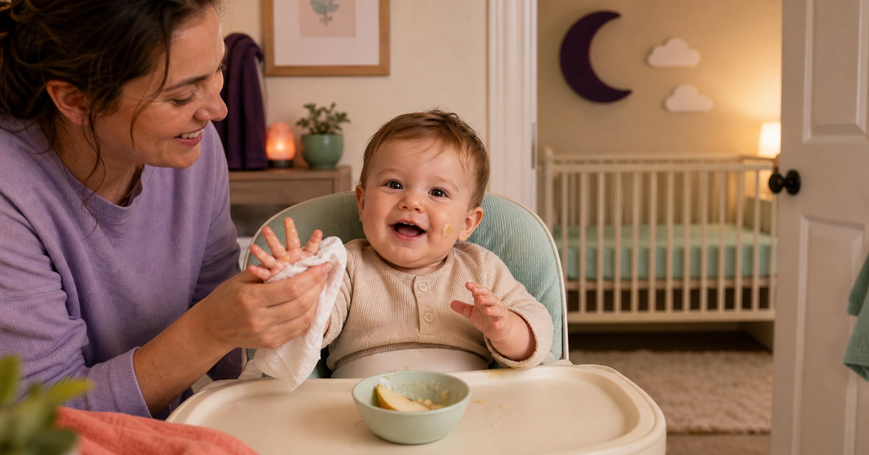 A smiling parent wipes sticky pear from the hand of a cheerful baby before the bedtime routine.