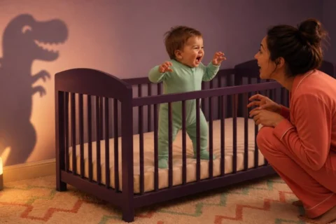 Awake baby making a playful dinosaur roar in a bare crib while caregiver responds at bedtime