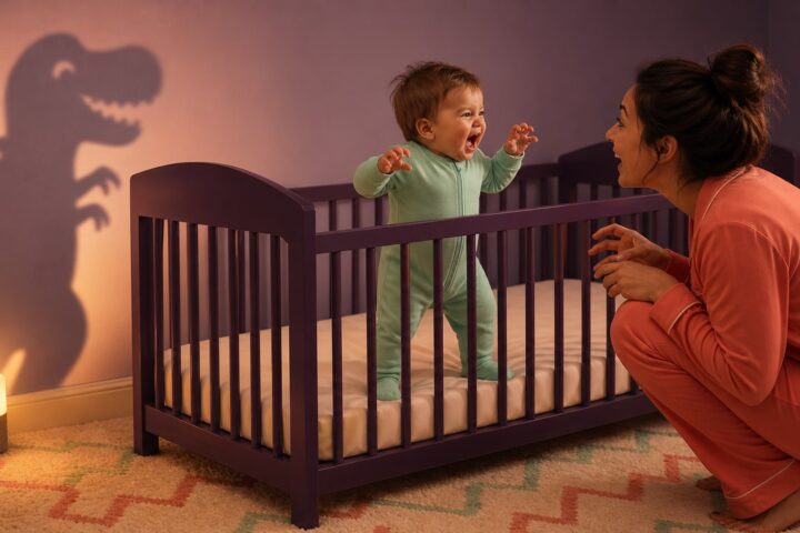 Awake baby making a playful dinosaur roar in a bare crib while caregiver responds at bedtime