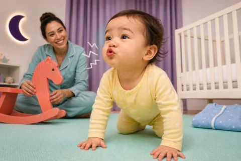 Baby making a funny lip-trill expression on a mint floor mat while a parent holds a coral rocking horse beside a bare crib