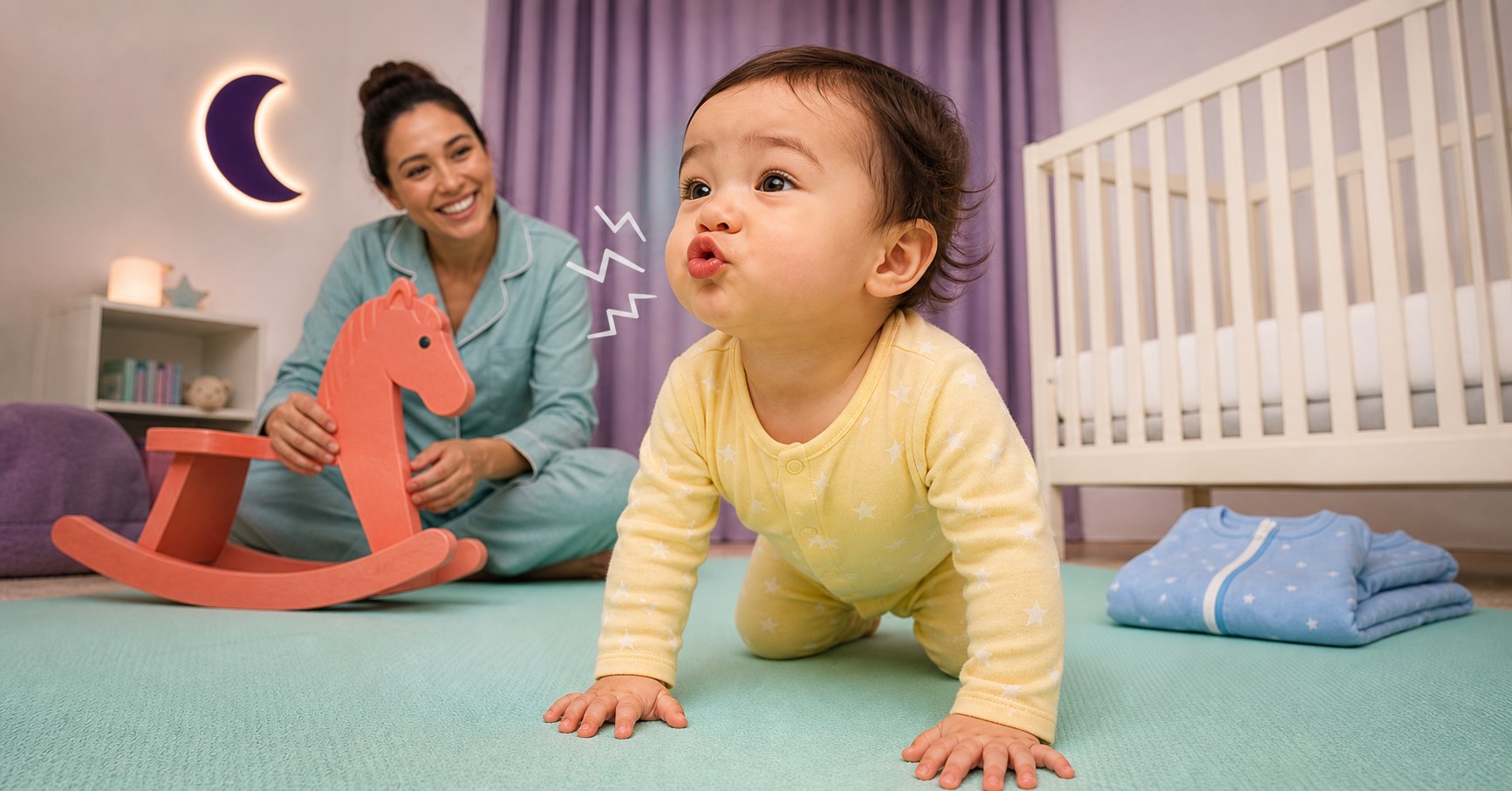 Baby making a funny lip-trill expression on a mint floor mat while a parent holds a coral rocking horse beside a bare crib