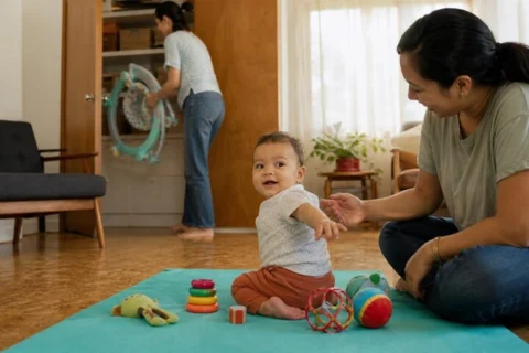 Baby sitting on a turquoise play mat with a parent while another caregiver stores a wheeled baby walker.