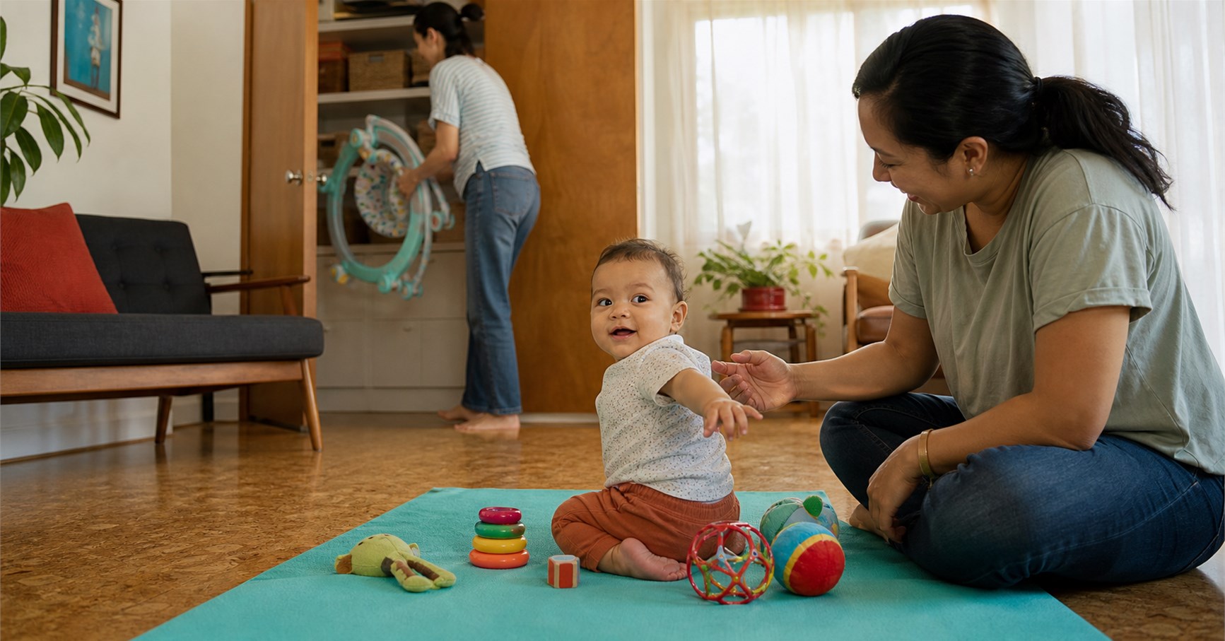 Baby sitting on a turquoise play mat with a parent while another caregiver stores a wheeled baby walker.