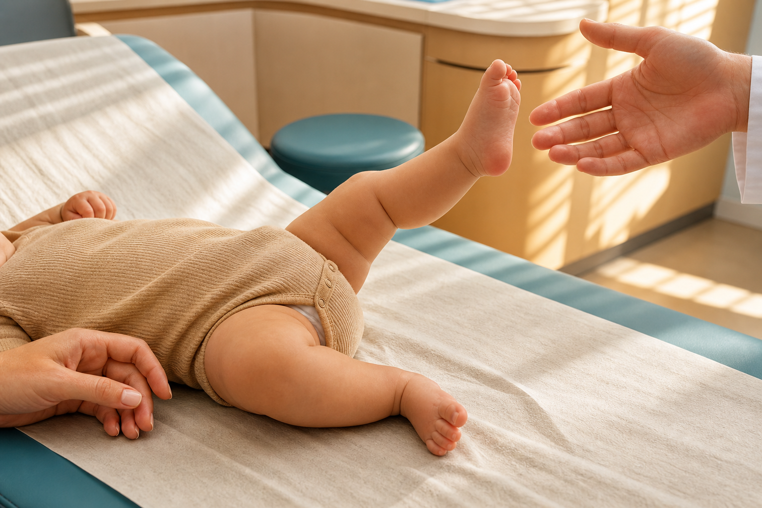 Infant raises one bare foot toward a clinician's open hand on a turquoise exam table