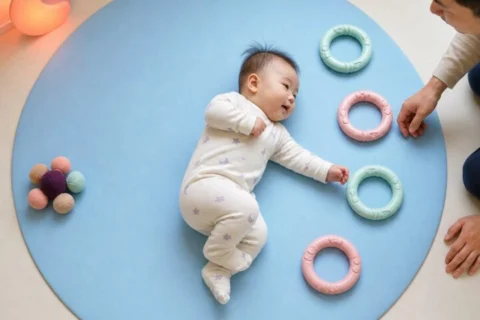 Awake baby rolls to the right toward pastel rings while a father watches beside a firm blue play mat.
