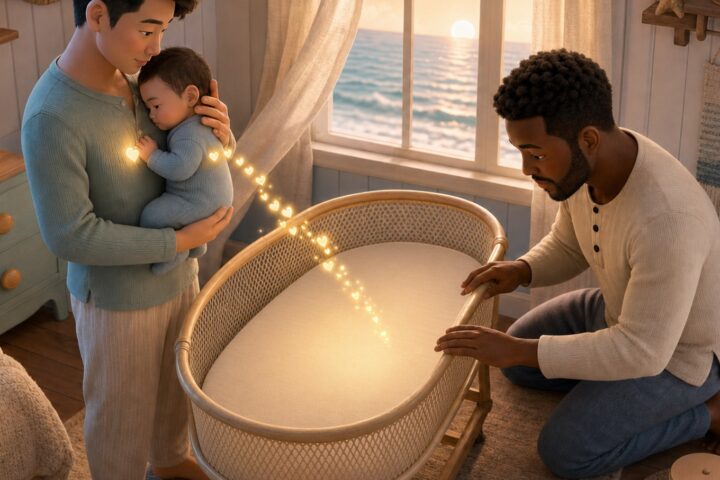 One father holds a sleeping baby against his chest while the other checks an empty mesh bassinet beside a glowing path of light.