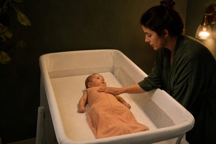 Awake mother resting a hand on her baby lying on his back in a bare bedside bassinet.