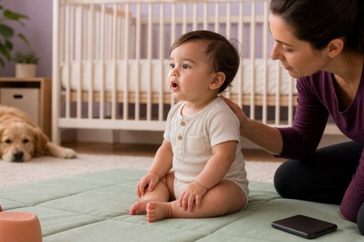 Caregiver calmly observing an alert baby's quick open-mouth breathing after floor play