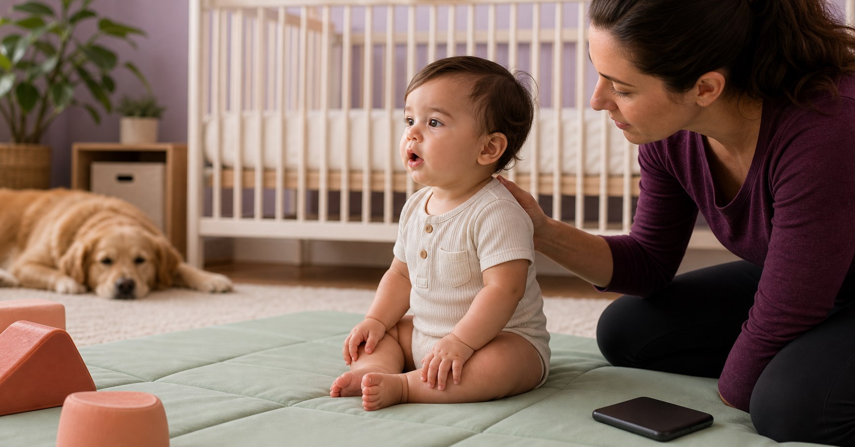 Caregiver calmly observing an alert baby's quick open-mouth breathing after floor play