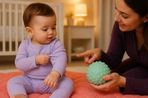 Awake baby pinching the fabric of her own sleeve while caregiver offers a large mint sensory ball