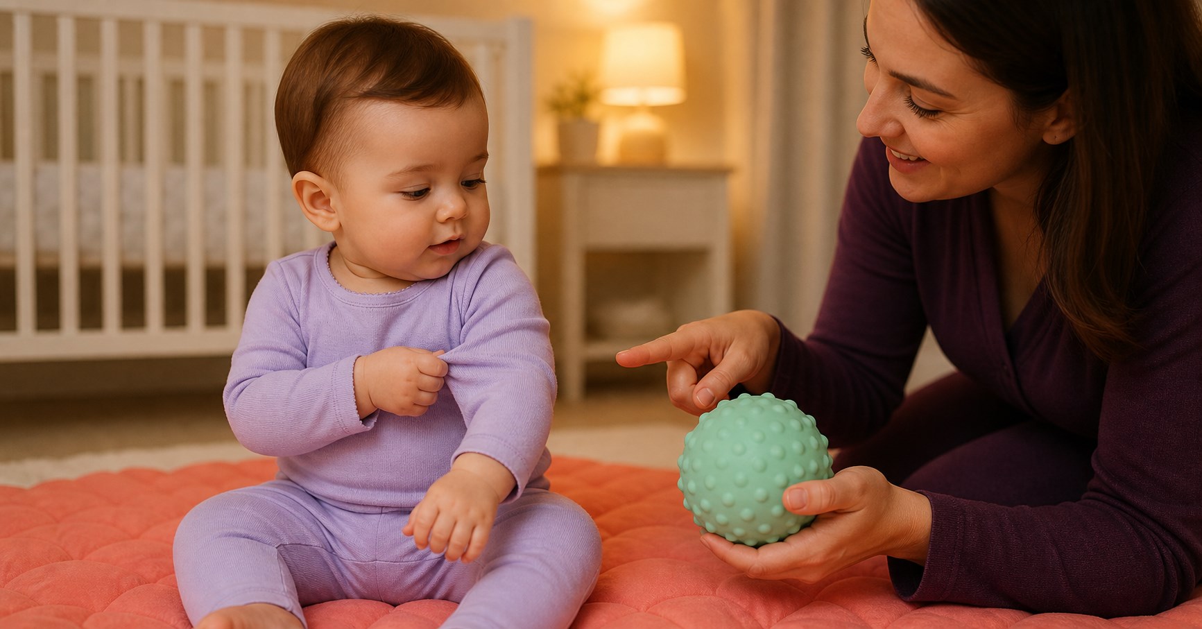 Awake baby pinching the fabric of her own sleeve while caregiver offers a large mint sensory ball