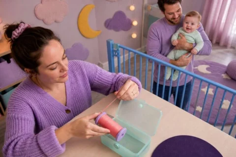 Mother winds a coral thread onto a large spool at a craft table while father holds a smiling baby behind a blue gate.