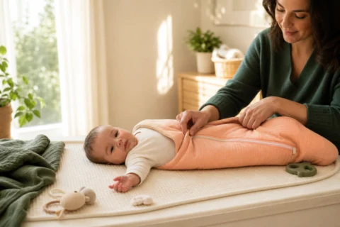 Baby wiggling out of a peach swaddle while caregiver adjusts it in a sunlit room