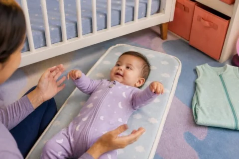Smiling baby rotating both wrists on a floor changing mat while a parent watches calmly beside a bare crib