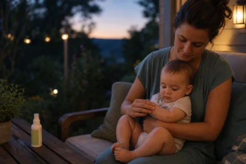 Parent holding a baby and checking a mosquito bite on a dusk porch