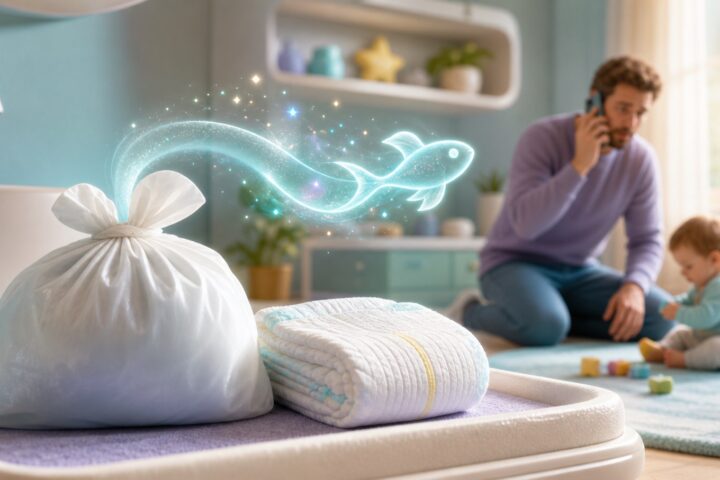 Glowing fish-shaped odor ribbon rises from a tied diaper disposal bag while a father phones beside his fully clothed baby.
