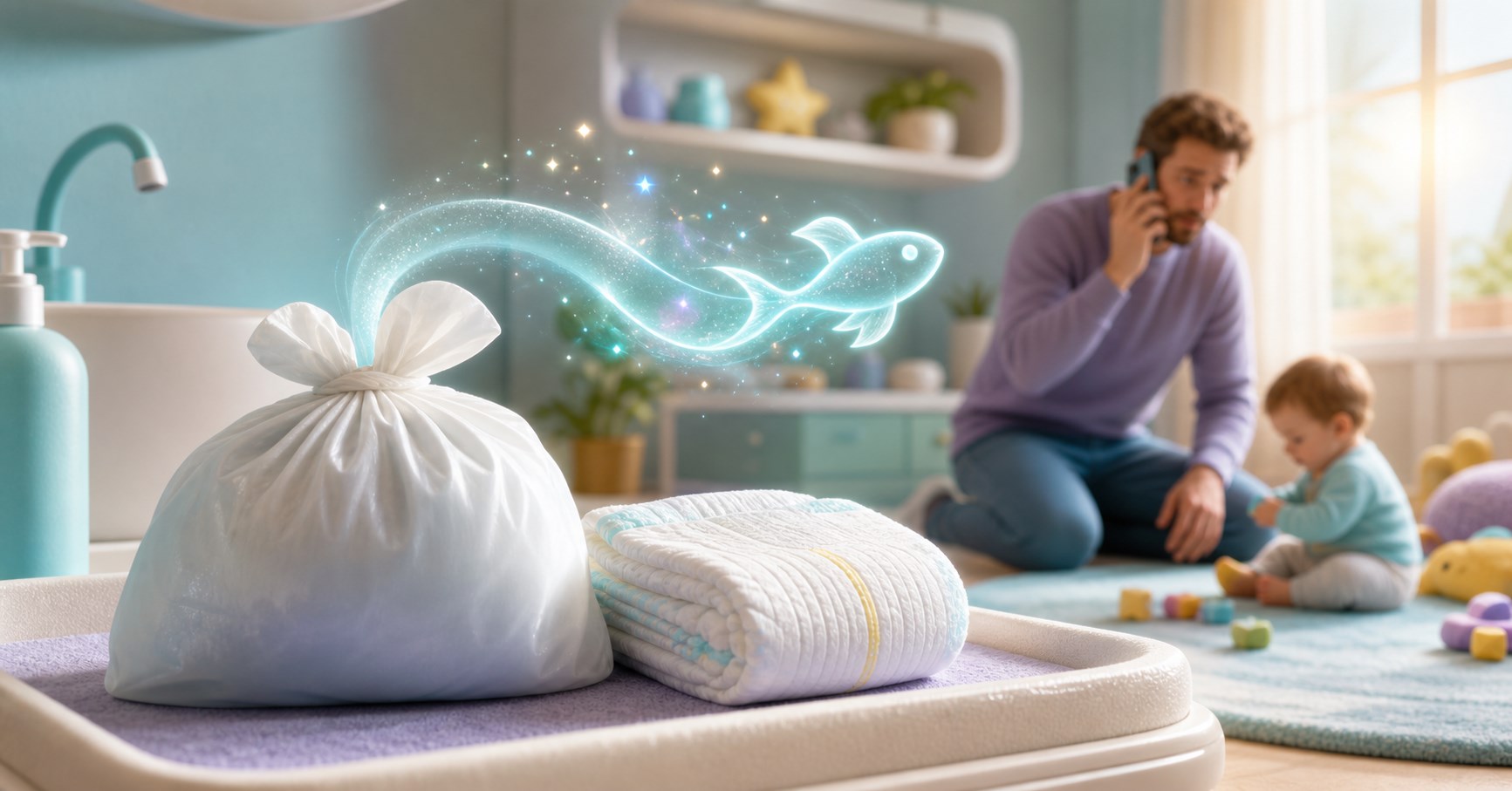 Glowing fish-shaped odor ribbon rises from a tied diaper disposal bag while a father phones beside his fully clothed baby.