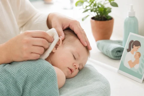 Caregiver wiping the outside of a baby's ear with a soft washcloth