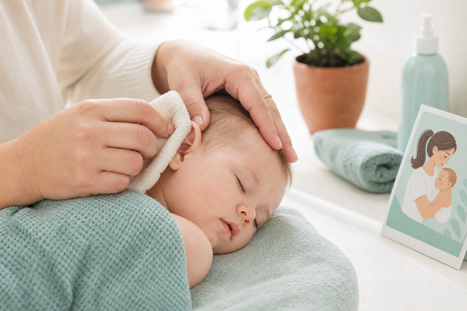 Caregiver wiping the outside of a baby's ear with a soft washcloth