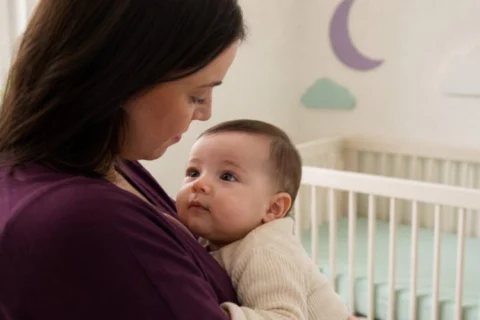 A parent calmly studies the clear eyes and eyelashes of an awake baby held securely near a bare crib.