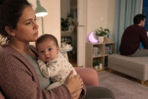 Pensive mother holds her awake baby in a blush chair while the baby's father sits turned away by the window.