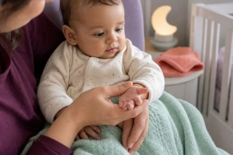 Caregiver gently examining a calm baby's subtly blue-tinted fingernails beside an empty crib
