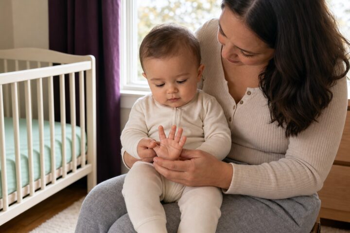 Caregiver gently examining an awake baby's open hand near a sunny nursery window