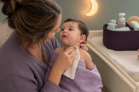 Caregiver gently cleaning an awake baby's neck folds with a cream washcloth under a moon night-light