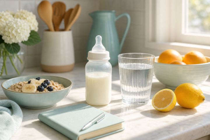 Bottle of expressed milk beside water, fruit, and oats on a sunny kitchen counter