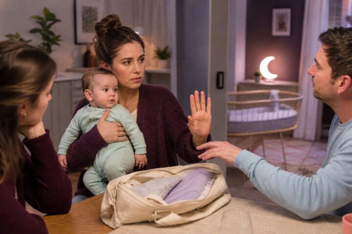 Mother holding baby raises an open hand to set a boundary with her brother-in-law during an evening visit.