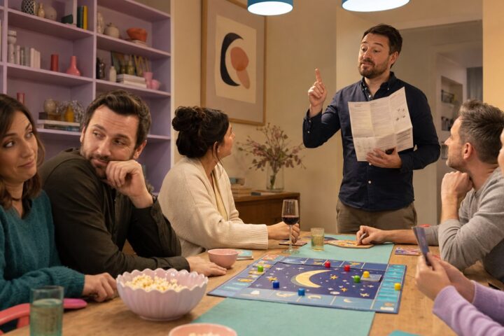 Animated man raises a finger while holding game instructions as two relatives exchange a weary glance at the table.