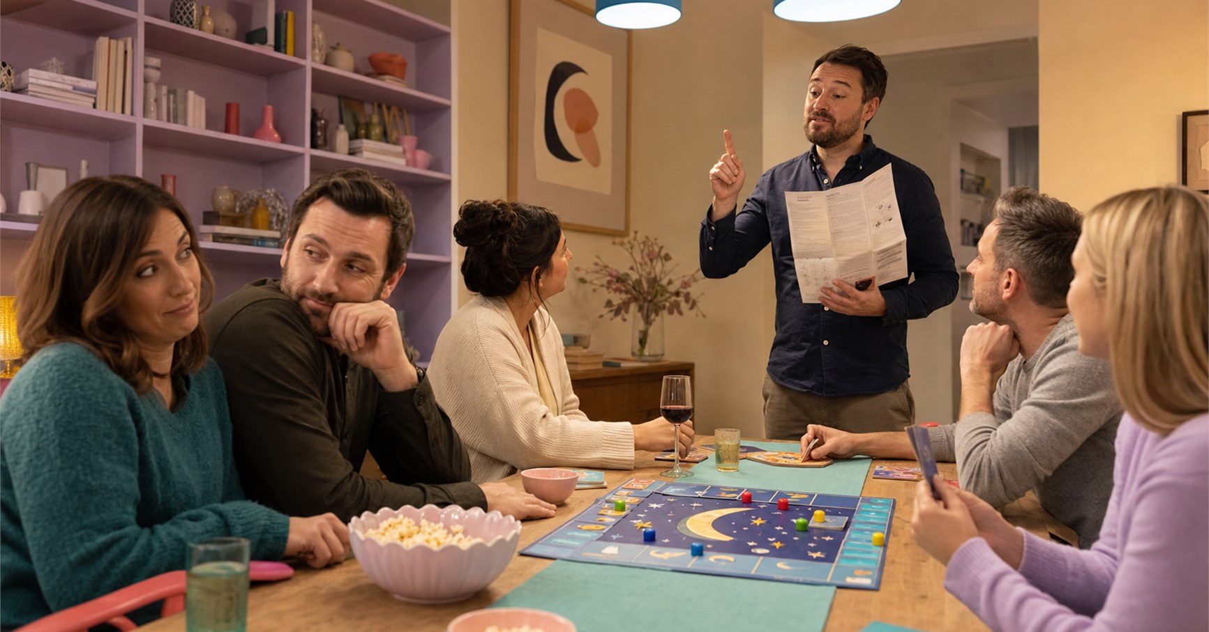 Animated man raises a finger while holding game instructions as two relatives exchange a weary glance at the table.