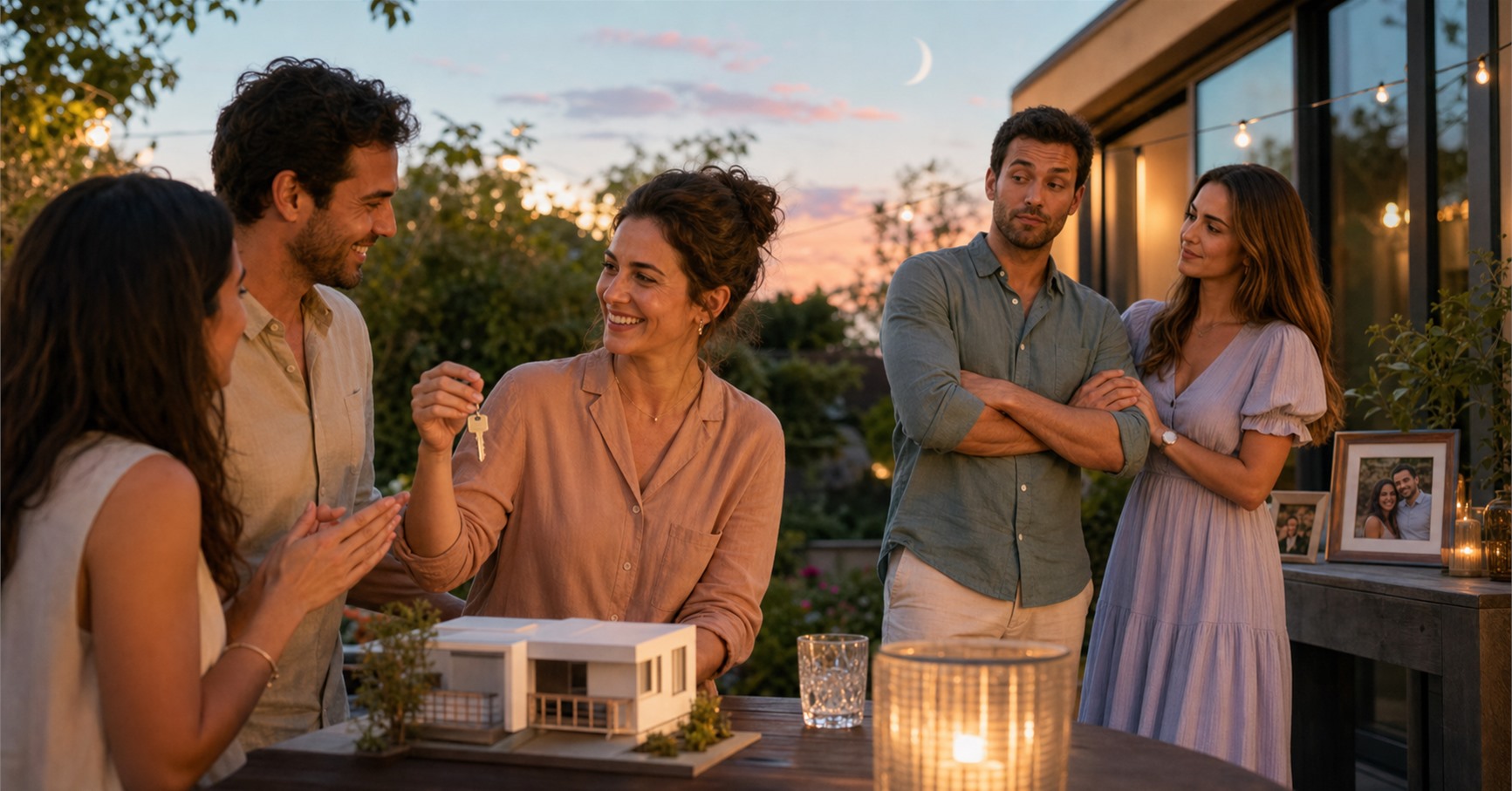 A man crosses his arms and glances sideways while relatives celebrate his sister-in-law holding a new house key.