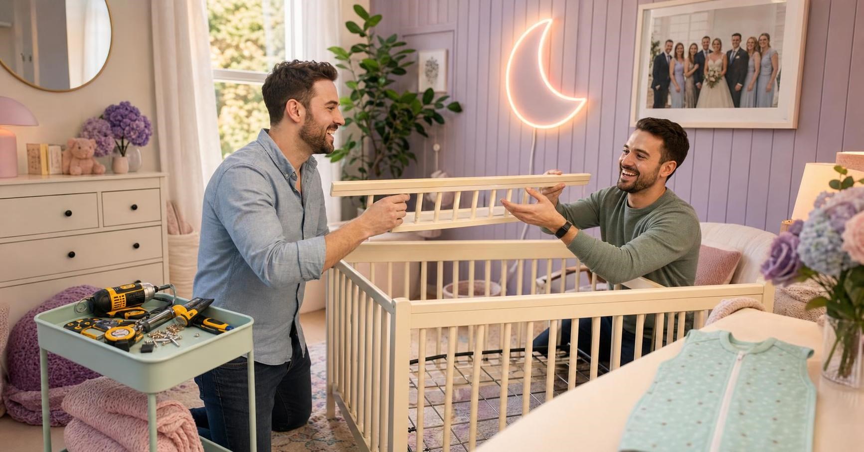 Two brothers-in-law laugh while assembling an empty crib in a pastel nursery.