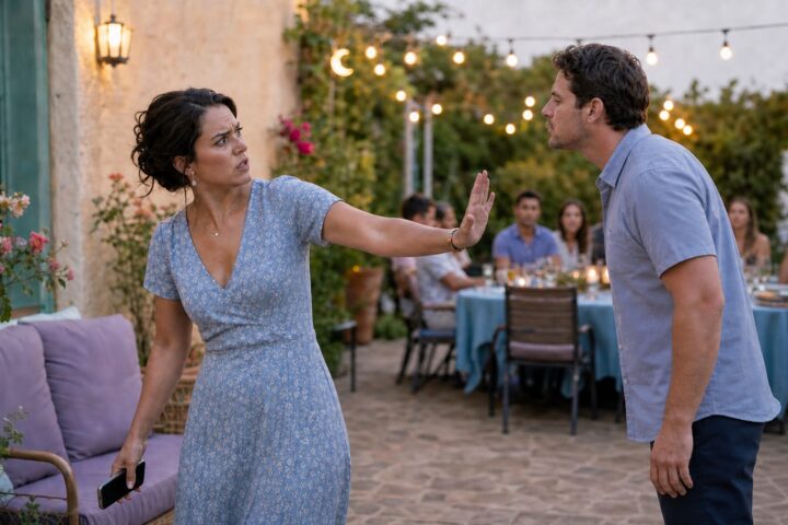 Woman turns away and raises a firm open palm as a male relative leans toward her without contact