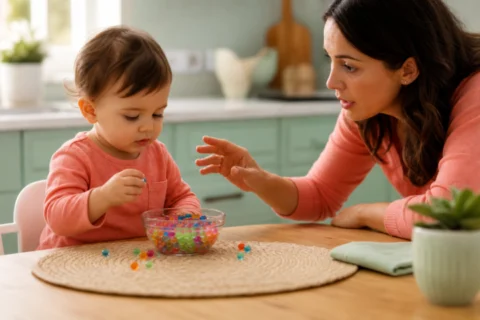 A concerned parent reaching toward a toddler with a bowl of colorful water beads on the table.
