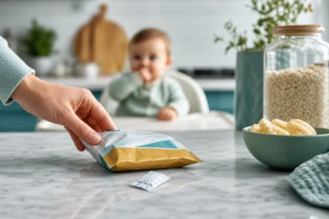 A parent's hand moving a sealed packet away from a toddler in a high chair.