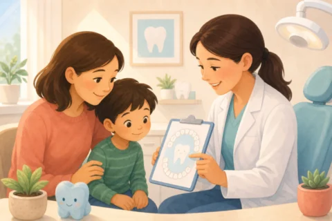A dentist showing a tooth chart to a child and caregiver in a sunny dental office.