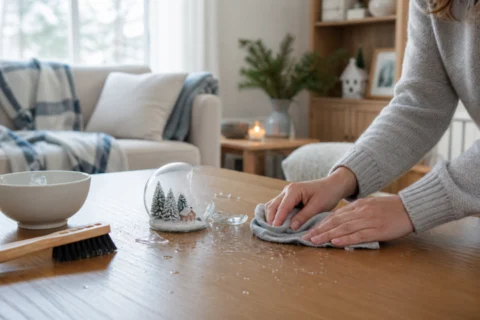 Editorial scene illustrating what to do when your child breaks a snow globe in a bright home setting.