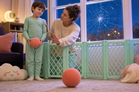 Parent guides a pajama-clad child holding a foam ball away from a cracked window behind a safety barrier.